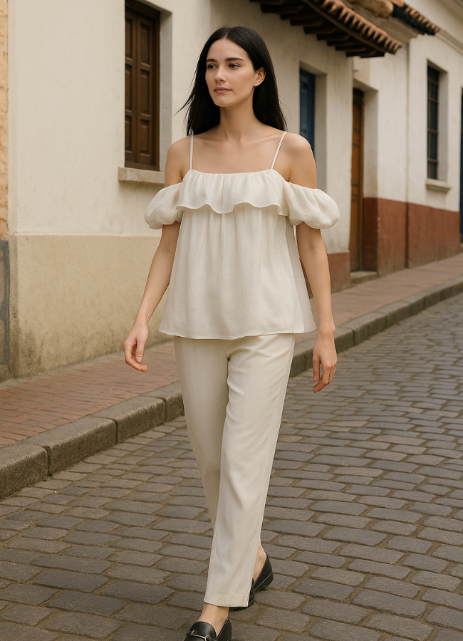 Blusa off-shoulder blanca con volantes y tiras delgadas